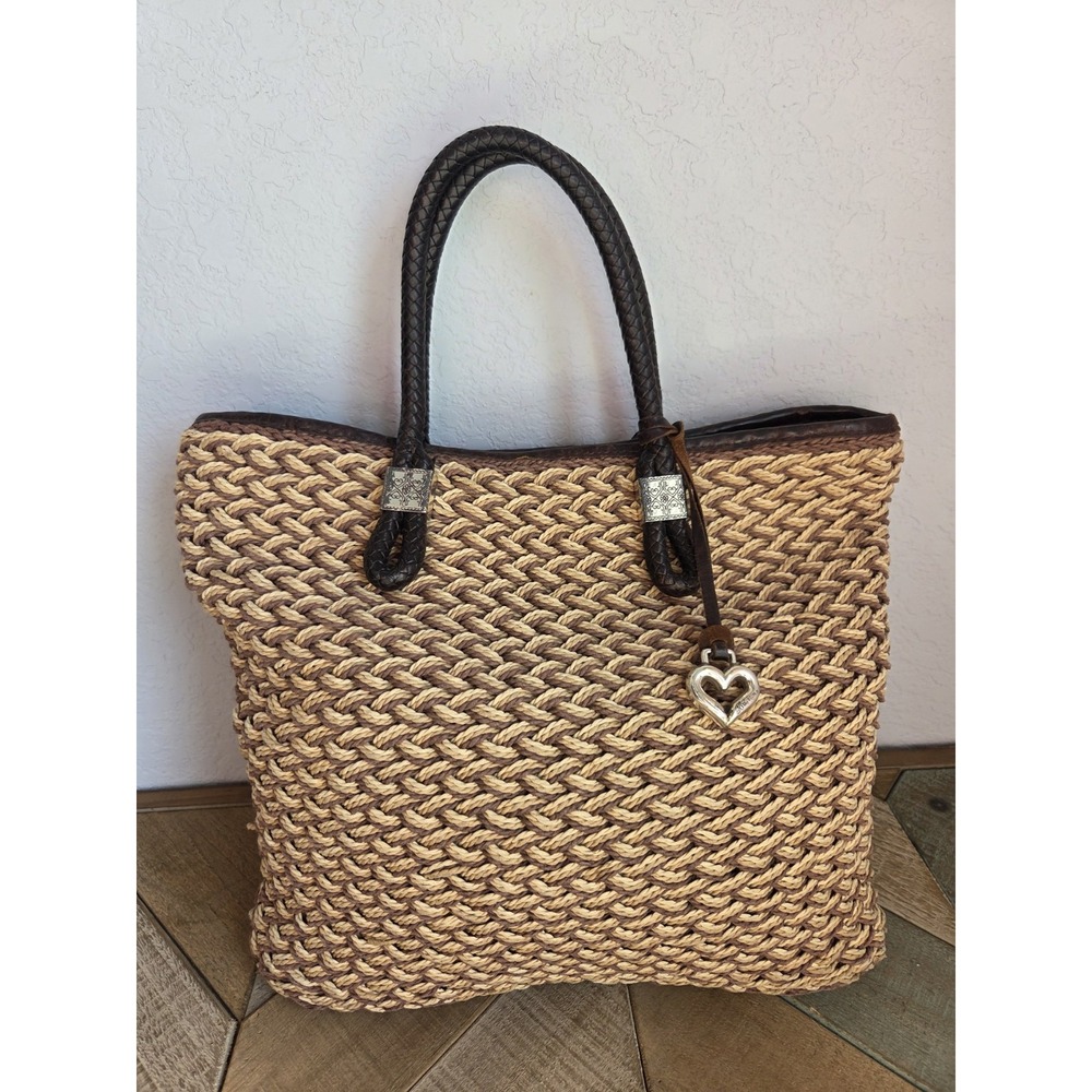 Brighton Woven TriColor Jute Straw Tote Bag Silver Charms Rita Paisley Lining